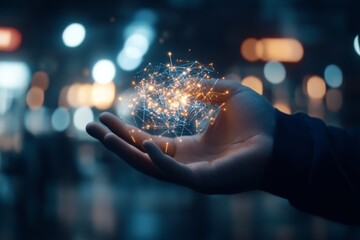Poster - Hand holding glowing network of lights demonstrating technology and innovation in a modern urban setting at night