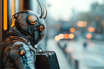 Poster - Futuristic humanoid robot waiting at a city street corner during early evening with soft glowing lights