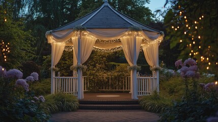 Poster - A white gazebo decorated with soft fabric drapes and fairy lights in a romantic garden