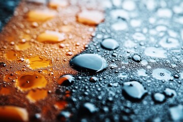 Poster - Water droplets resting on a dark textured surface reflecting light in a colorful pattern during a rainy evening