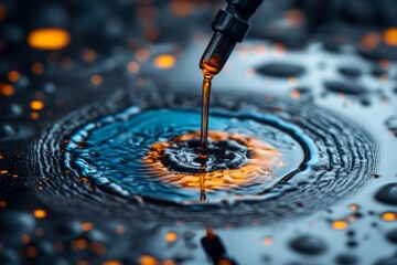 Poster - Bright liquid drop creates ripples in a dark, reflective surface during a captivating artistic display