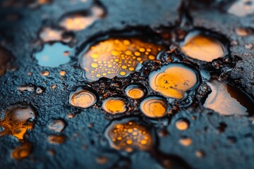 Poster - Close-up view of textured surface with orange bubbles on dark background during golden hour light