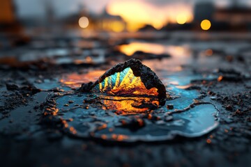 Poster - Reflection of sunset colors in a puddle with a stone formation on a wet pavement after rain in an urban environment