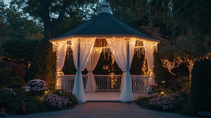 Wall Mural - A white gazebo decorated with soft fabric drapes and fairy lights in a romantic garden