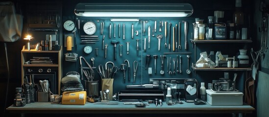 Wall Mural - Craftsman's workshop tools on wall, workbench, dark room