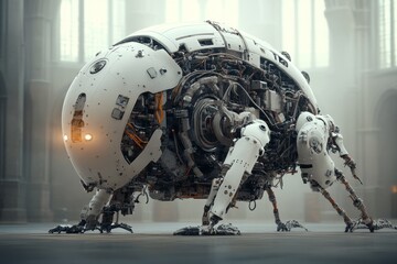 Poster - Innovative robotic creature stands in a futuristic setting with intricate mechanical details and soft lighting