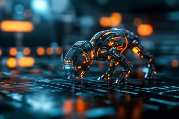 Poster - Futuristic robotic creature explores intricate circuitry in a neon-lit environment during a tech exhibition
