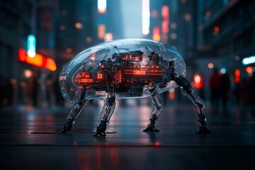 Poster - Futuristic robotic creature exploring a neon-lit urban landscape at dusk
