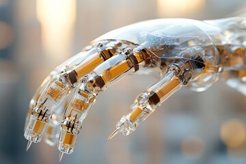 Poster - Transparent robotic hand showcases intricate design and advanced technology in modern setting during daylight
