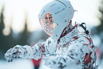 Poster - Advanced humanoid robot exploring snowy terrain with intricate design features during daylight hours