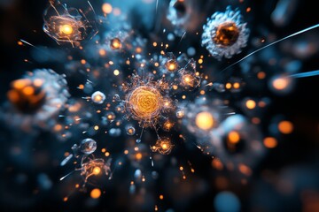 Poster - Vibrant particles collide in a cosmic dance, showcasing the beauty of microscopic life in a dark universe