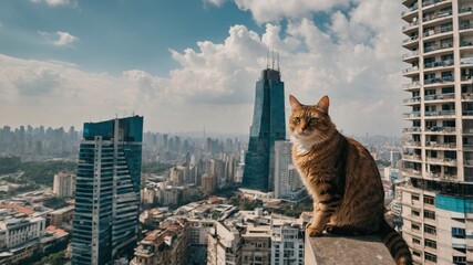 Curious Orange Cat on Rooftop Exploring Urban Skyline in Modern City Landscape