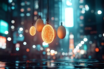 Poster - Hanging light sculptures illuminate a futuristic city street at night with a vibrant atmosphere