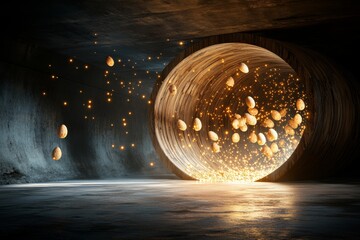 Poster - Magical glowing orbs floating through a large wooden tunnel during nighttime