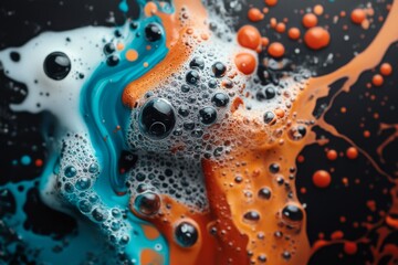 Poster - Vivid swirls of orange, turquoise, and white bubbles create an abstract art piece on a dark background