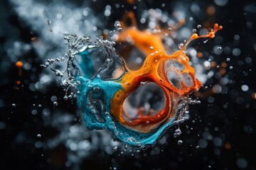 Poster - Colorful splashes of paint create dynamic patterns in water against a dark backdrop