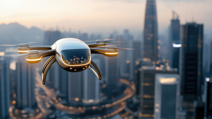 Sticker - futuristic drone flying over modern city skyline at sunset