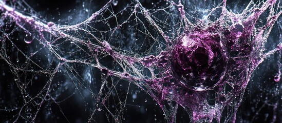 Purple Orb in Web, Dark Background, Water Droplets, Abstract Art