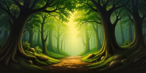 Poster - An ancient forest, rays of light filtering through the treetops, dreamlike atmosphere, oil painting - 360 degree landscape