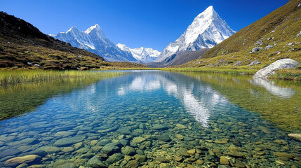 Sticker - crystal clear mountain lake reflects towering peaks under blue sky