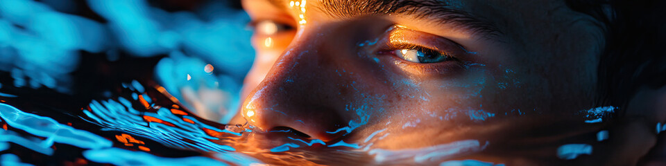 Poster - Close-up of a Man's Face Submerged in Water with Blue and Orange Lighting