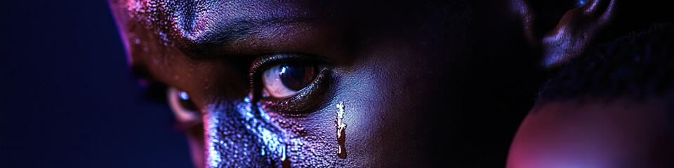 Canvas Print - Close-up Portrait: Dark Skin Person with Iridescent Body Paint