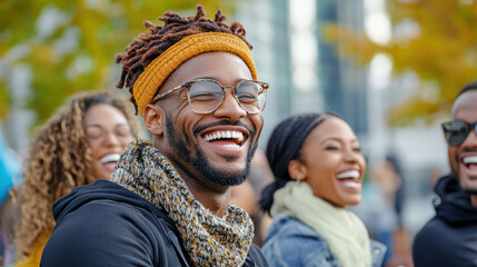 Joyful friends laughing together outdoors in vibrant setting