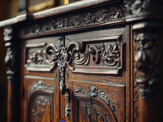 Wall Mural - Discover exquisite artistry with our custom wooden cabinet, a masterpiece of intricate craftsmanship This bespoke cabinet features secret compartments, offering both beauty and hidden functionality