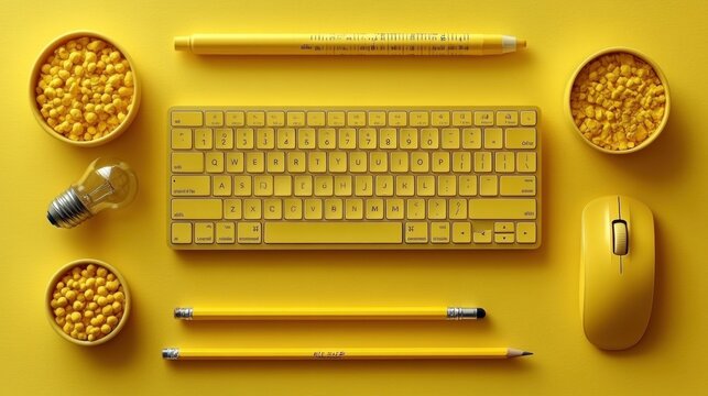 Yellow workspace with keyboard, mouse, pencils