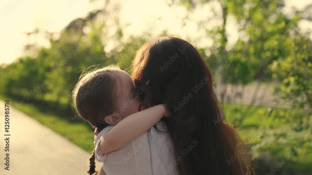 little child runs hug his mother. happy family. mom daughter child ...
