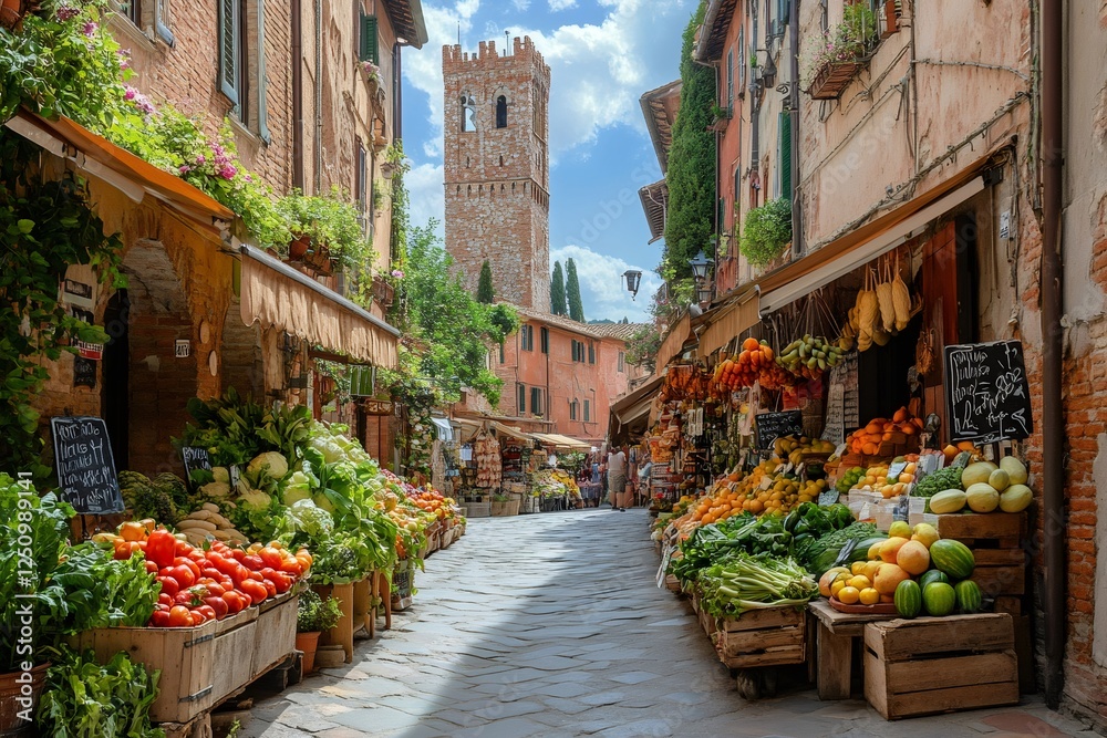 Fruit and vegetable market stalls lining a cobblestone street in ...