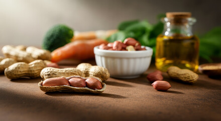 Wall Mural - Delicious peanut in natural light on rustic wooden table with nutritious ingredients in cozy kitchen setting