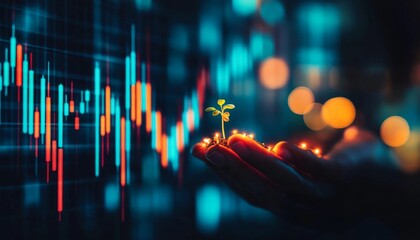 Poster - Financial Growth Concept Hand Holding Sprout, Illuminated Stock Market Graph in Background