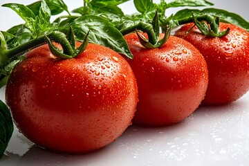 Wall Mural - Fresh red tomatoes with basil leaves and water droplets on white background