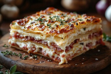 Wall Mural - Delicious lasagna bolognese with thyme and melted cheese on wooden board