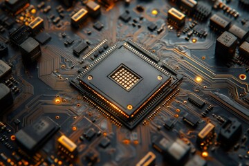 Poster - Intricate circuit board with central microchip design