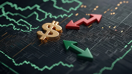 Fototapete - Golden dollar symbol with upward and downward arrows on financial chart, representing market trends and investment strategies