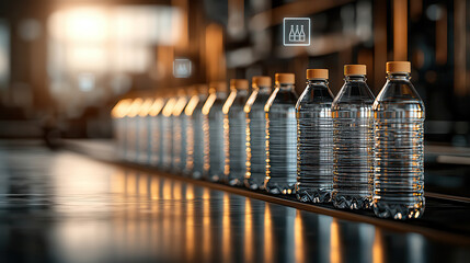 Leinwandbilder - Automated production line of clear water bottles with orange caps, showcasing efficiency and modern technology in manufacturing