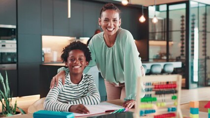 Aufkleber - Face, mom and child at table with homework for growth, development and happy support in education. Learning, mother and boy kid in kitchen for homeschool, creative study activity and portrait in home