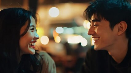 happy young adult asian couple shares moment in cozy cafe. people joy smiles, love connection. comfo