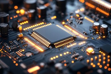 Poster - Central processing unit on circuit board glowing with data flowing