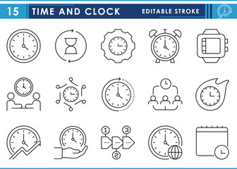 Fototapete - A set of line icons related to Time and Clock. Time, watch, meeting, alarm, management, world, calendar, and so on. Vector editable stroke.
