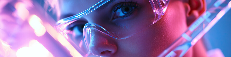 Poster - Close-up Portrait of a Person Wearing Clear Safety Glasses Under Neon Lighting
