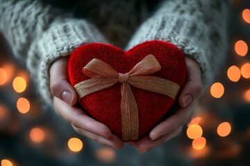 Wall Mural - Woman holding red heart with golden ribbon in hands, showing love and affection