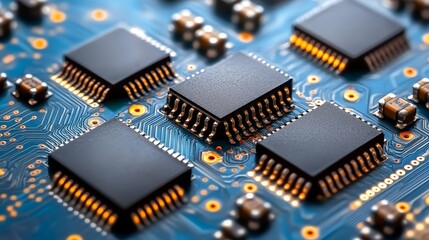 Poster - Dark Blue Circuit Board, Close-Up With Bright Glowing Nodes, High Tech Minimalist Background