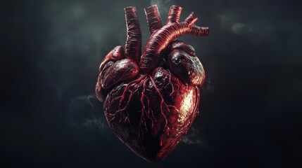 Poster - Detailed Digital Render of a Red Human Heart with Smoke Effect on Dark Background