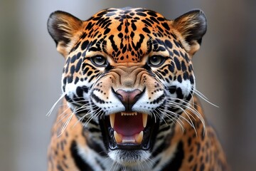 Wall Mural - fierce jaguar roaring in natural habitat
