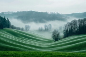 Wall Mural - Rolling green hills covered by morning mist in springtime