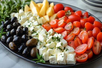 Wall Mural - Catering platter displaying feta cheese, cherry tomatoes, olives, melon and fresh herbs