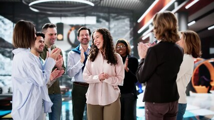 Poster - Happy Worker Team In Office Congratulating Employee